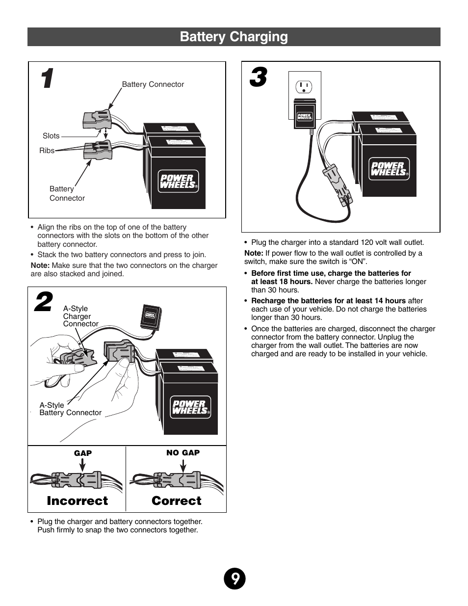 Battery charging, Incorrect correct | Harley-Davidson POWER WHEELS 74370 User Manual | Page 9 / 32