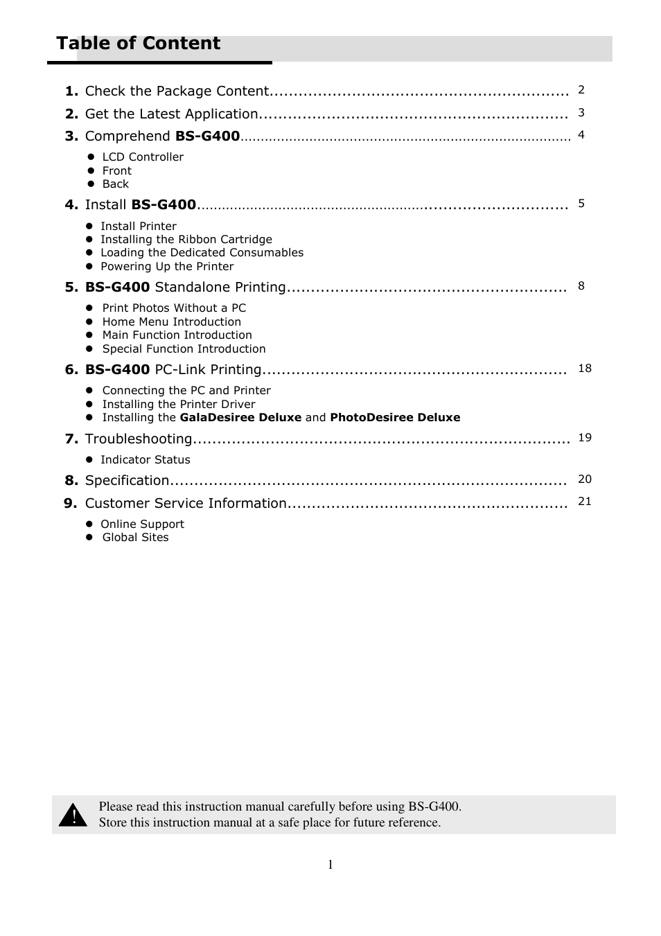Table of content | Hi-Touch Imaging Technologies BS-G400 User Manual | Page 2 / 22