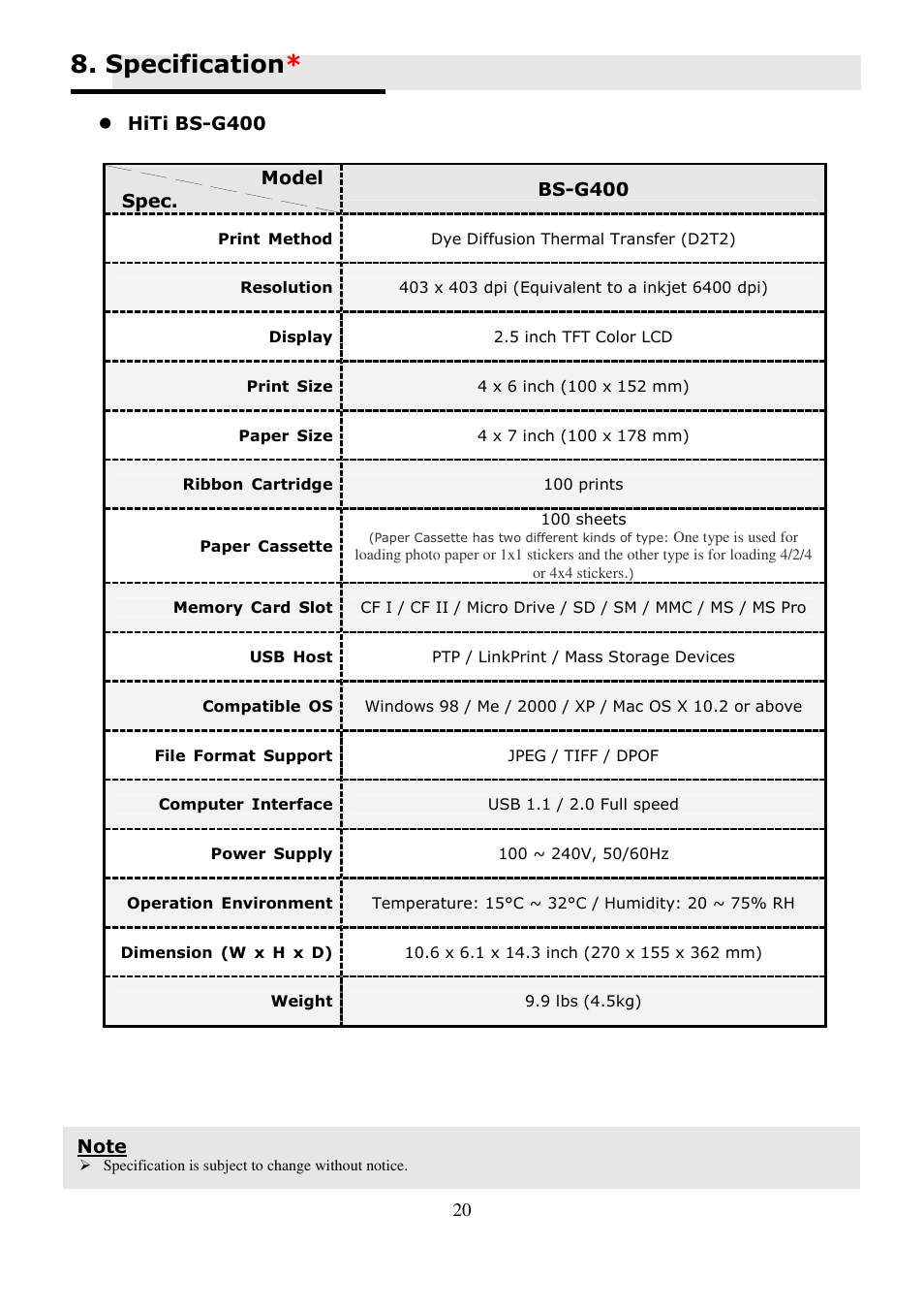 Specification | Hi-Touch Imaging Technologies BS-G400 User Manual | Page 21 / 22