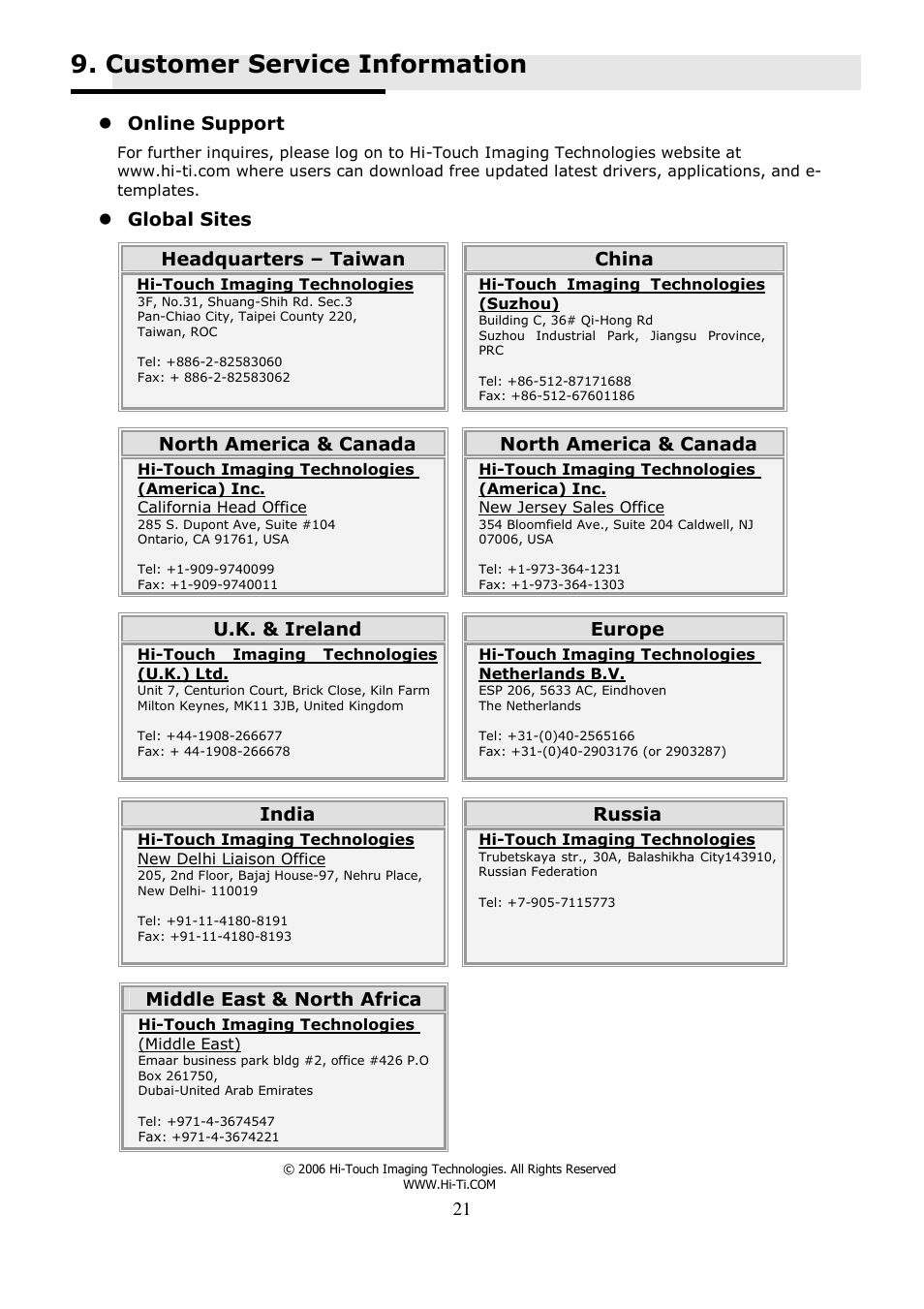 Customer service information, Online support, Global sites | Headquarters – taiwan china, North america & canada, U.k. & ireland, Europe, India, Russia, Middle east & north africa | Hi-Touch Imaging Technologies BS-G400 User Manual | Page 22 / 22