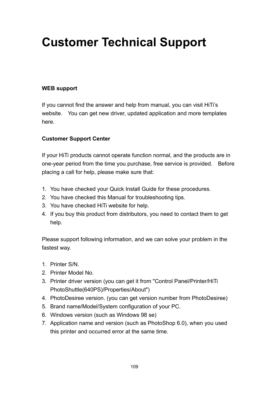Customer technical support | Hi-Touch Imaging Technologies 640PS User Manual | Page 110 / 111