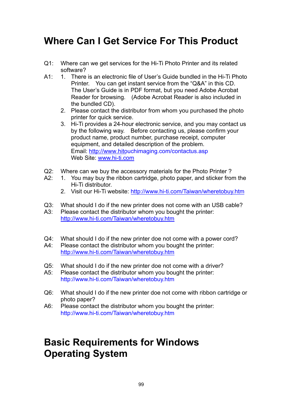 Where can i get service for this product, Basic requirements for windows operating system, Basic requirements for widnows operating system | Hi-Touch Imaging Technologies 630PL User Manual | Page 100 / 109