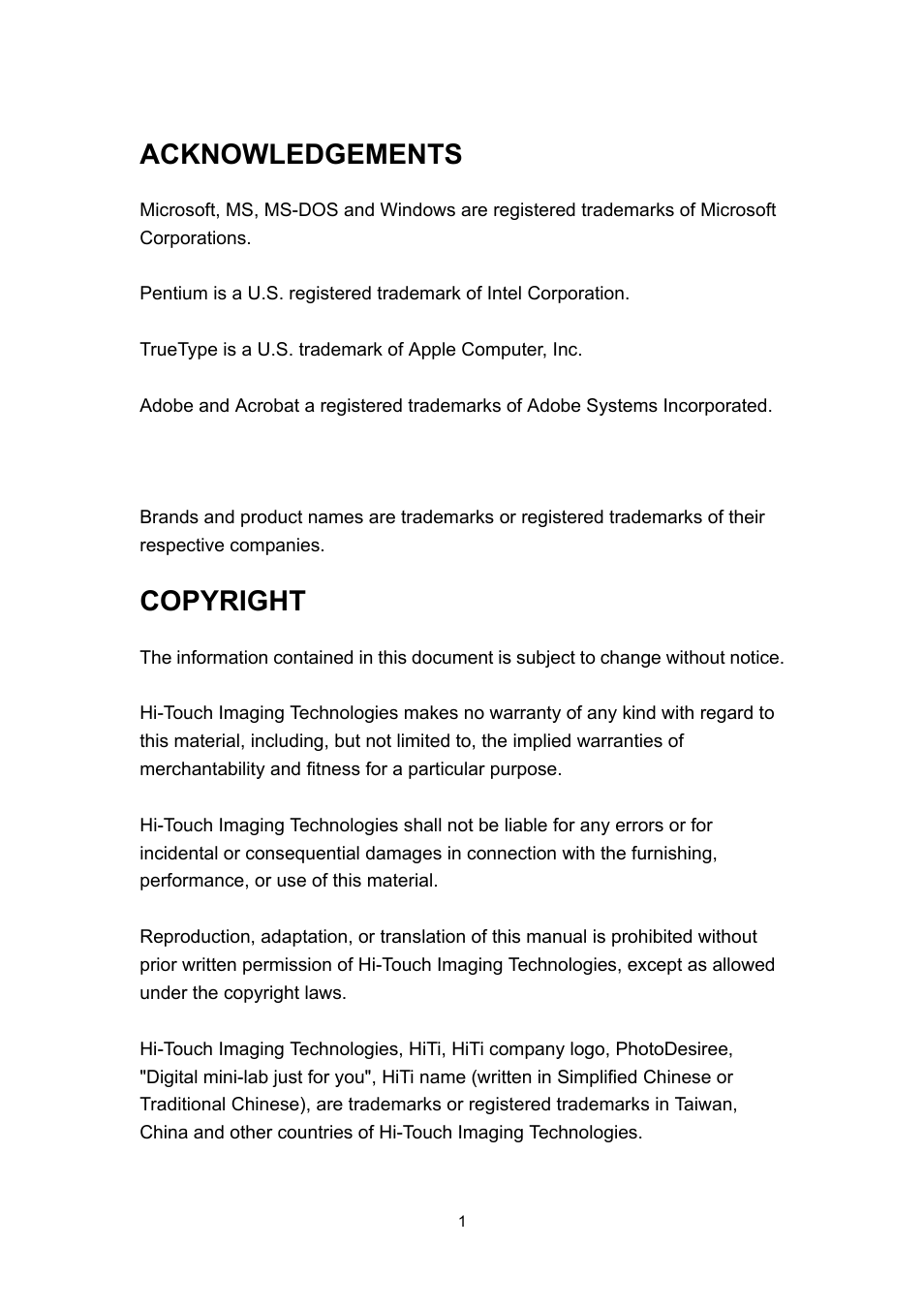 Acknowledgements, Copyright | Hi-Touch Imaging Technologies 630PL User Manual | Page 2 / 109