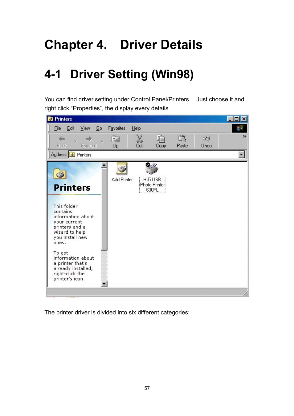 Chapter 4. driver details, 1 driver setting (win98) | Hi-Touch Imaging Technologies 630PL User Manual | Page 58 / 109