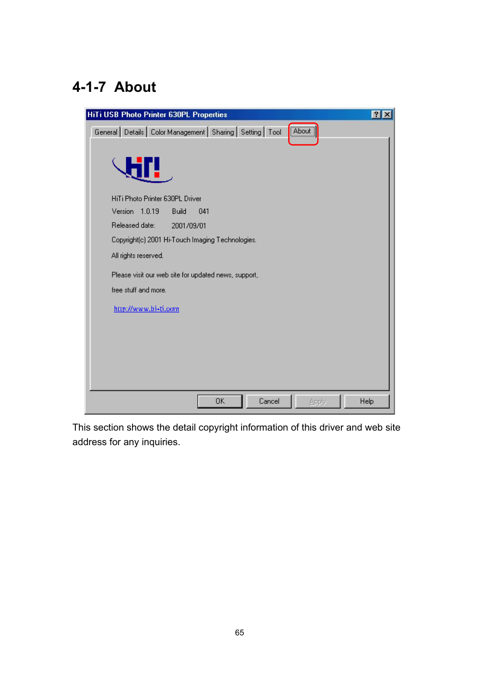 1-7 about | Hi-Touch Imaging Technologies 630PL User Manual | Page 66 / 109