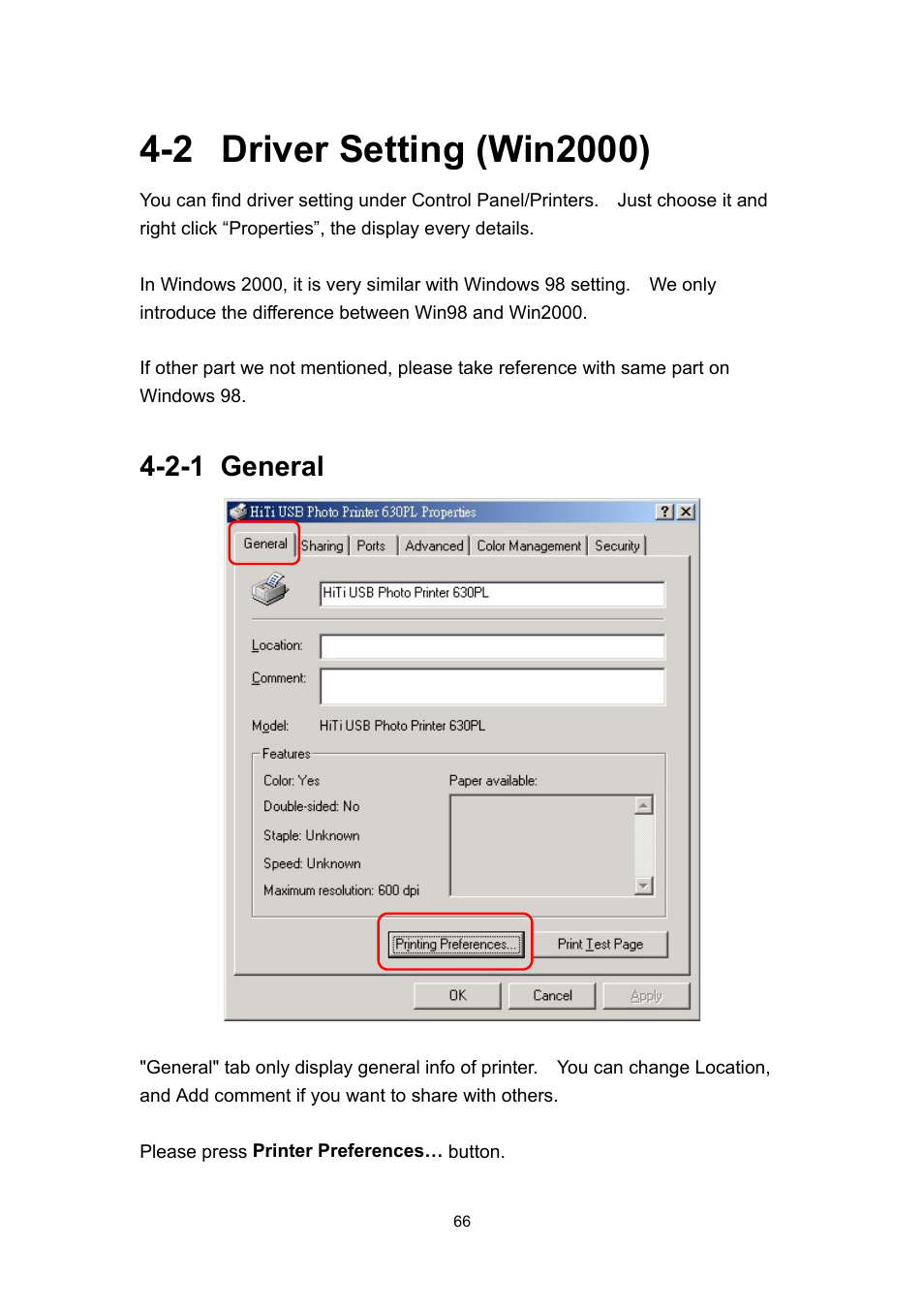 2 driver setting (win2000), 2-1 general | Hi-Touch Imaging Technologies 630PL User Manual | Page 67 / 109