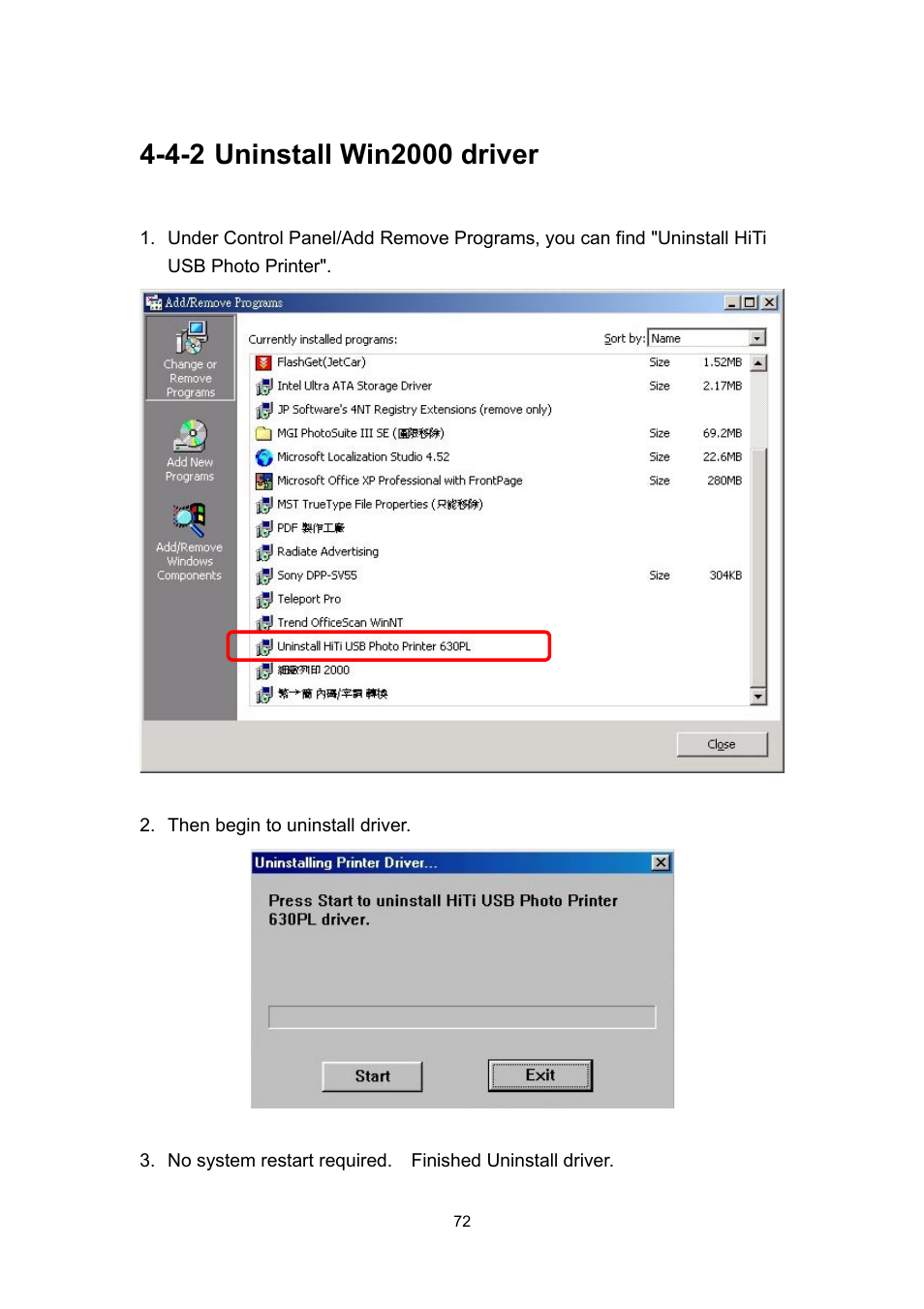 4-2 uninstall win2000 driver | Hi-Touch Imaging Technologies 630PL User Manual | Page 73 / 109