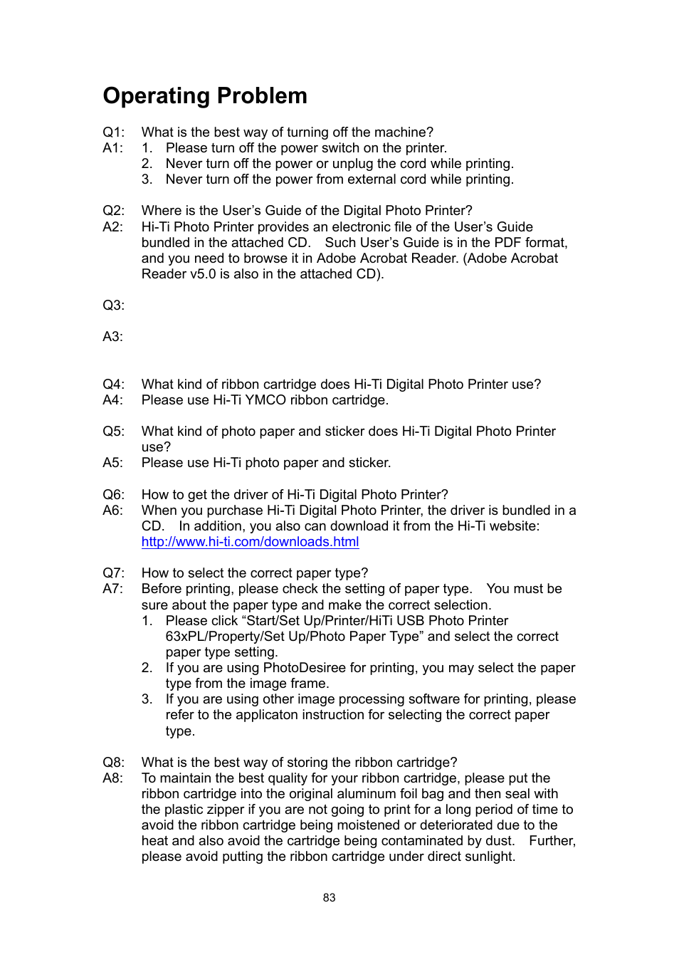 Operating problem, Operation problem | Hi-Touch Imaging Technologies 630PL User Manual | Page 84 / 109