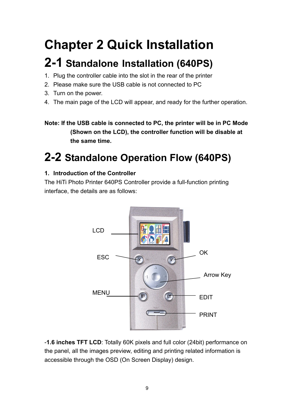 Chapter 2 quick installation, 1 standalone installation (640ps), 2 standalone operation flow (640ps) | Chapter 2 quick installation 2-1, Standalone, Installation (640ps), Standalone operation flow (640ps) | Hi-Touch Imaging Technologies PHOTOSHUTTLE 640PS User Manual | Page 10 / 111