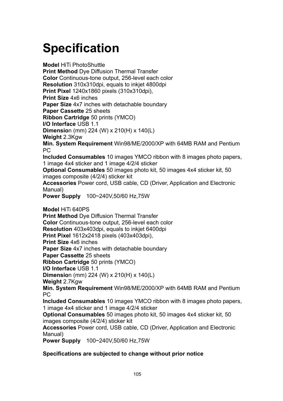 Specification | Hi-Touch Imaging Technologies PHOTOSHUTTLE 640PS User Manual | Page 106 / 111