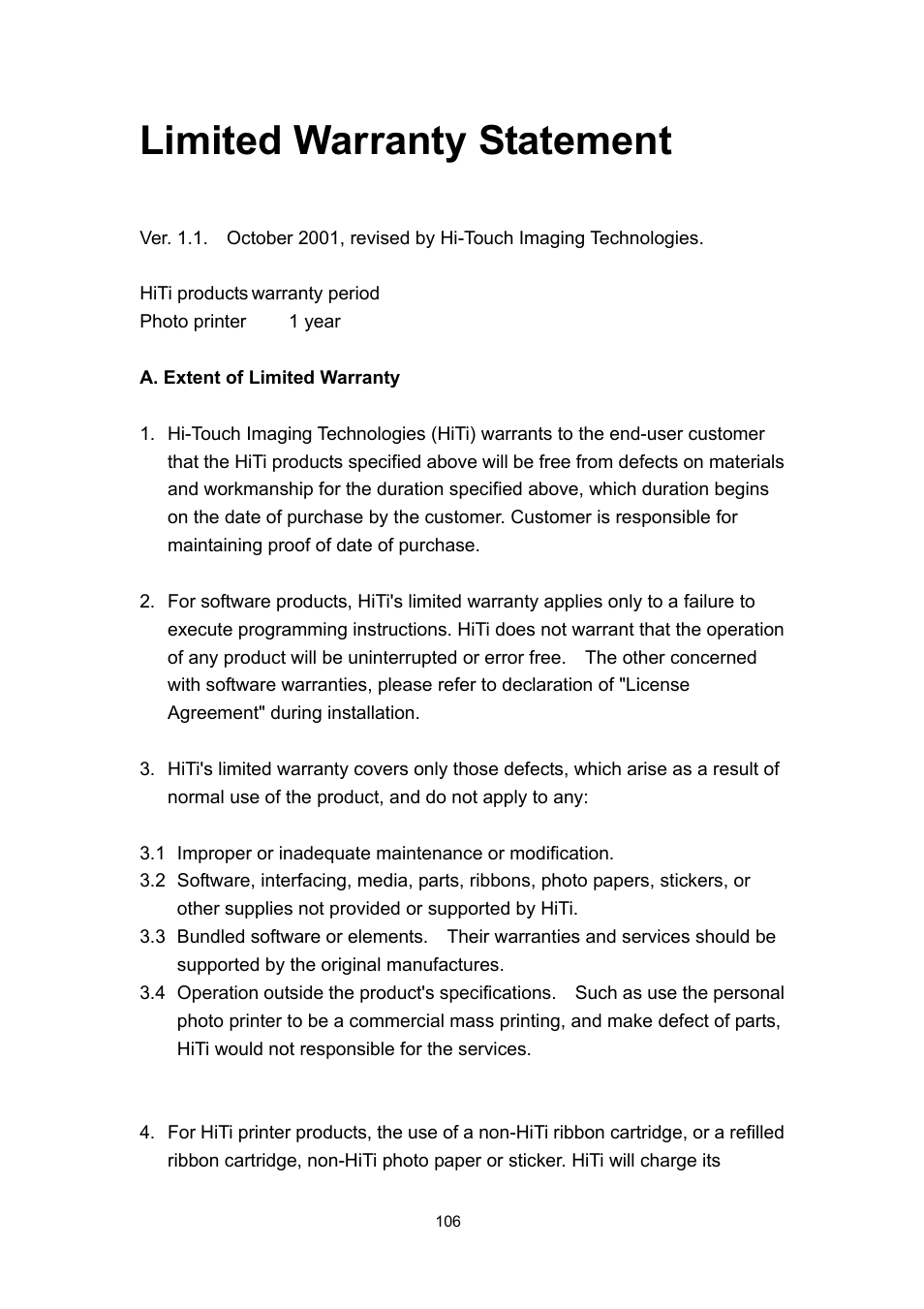 Limited warranty statement | Hi-Touch Imaging Technologies PHOTOSHUTTLE 640PS User Manual | Page 107 / 111