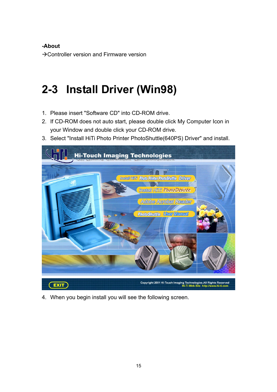 3 install driver (win98) | Hi-Touch Imaging Technologies PHOTOSHUTTLE 640PS User Manual | Page 16 / 111