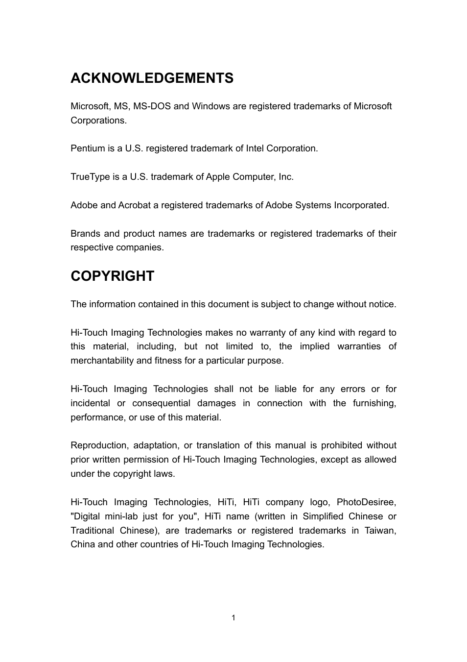 Acknowledgements, Copyright | Hi-Touch Imaging Technologies PHOTOSHUTTLE 640PS User Manual | Page 2 / 111
