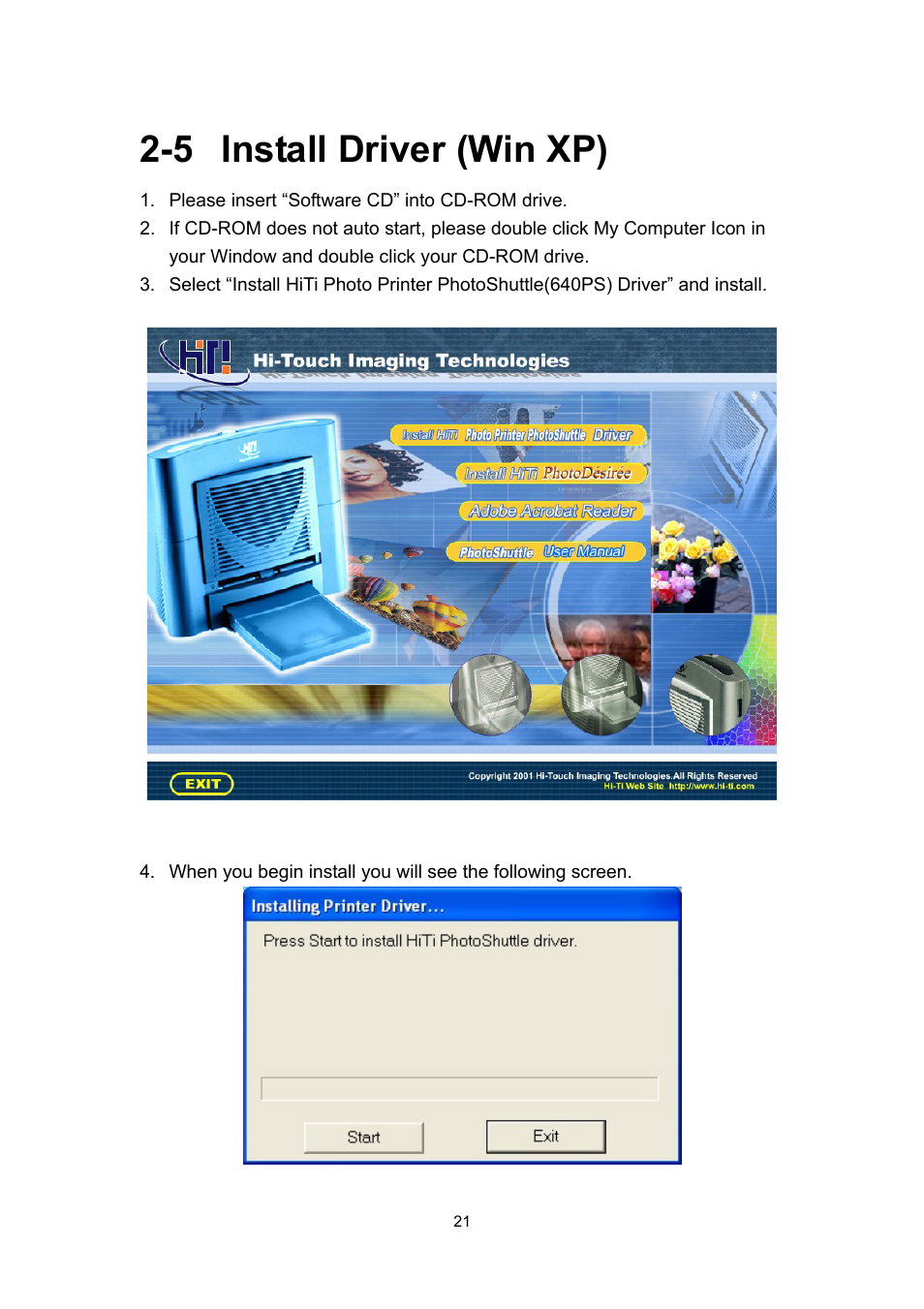 5 install driver (win xp) | Hi-Touch Imaging Technologies PHOTOSHUTTLE 640PS User Manual | Page 22 / 111