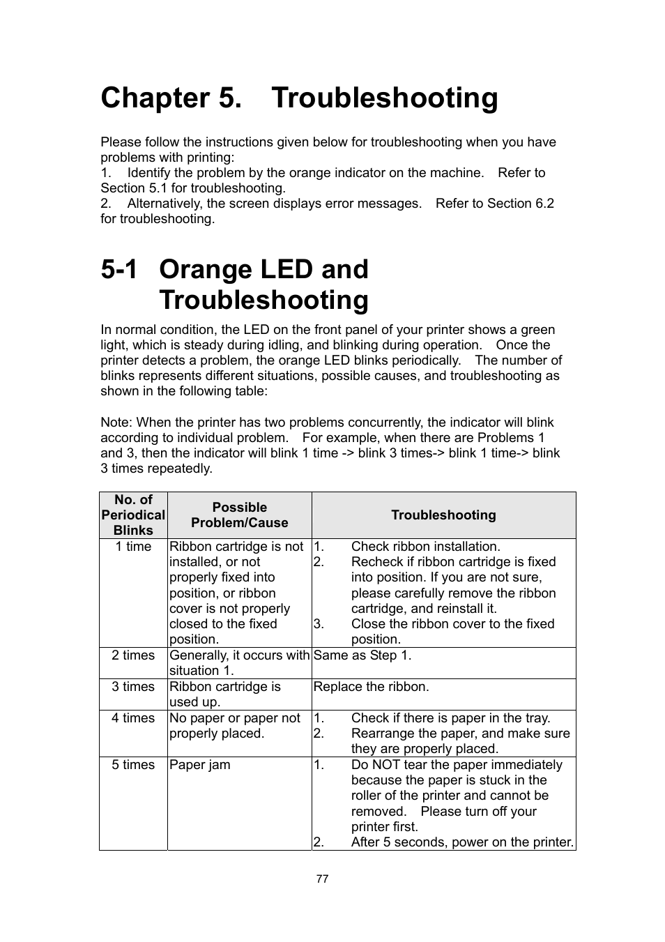 Chapter 5. troubleshooting, 1 orange led and troubleshooting no. of, 1 orange led and troubleshooting | Hi-Touch Imaging Technologies PHOTOSHUTTLE 640PS User Manual | Page 78 / 111