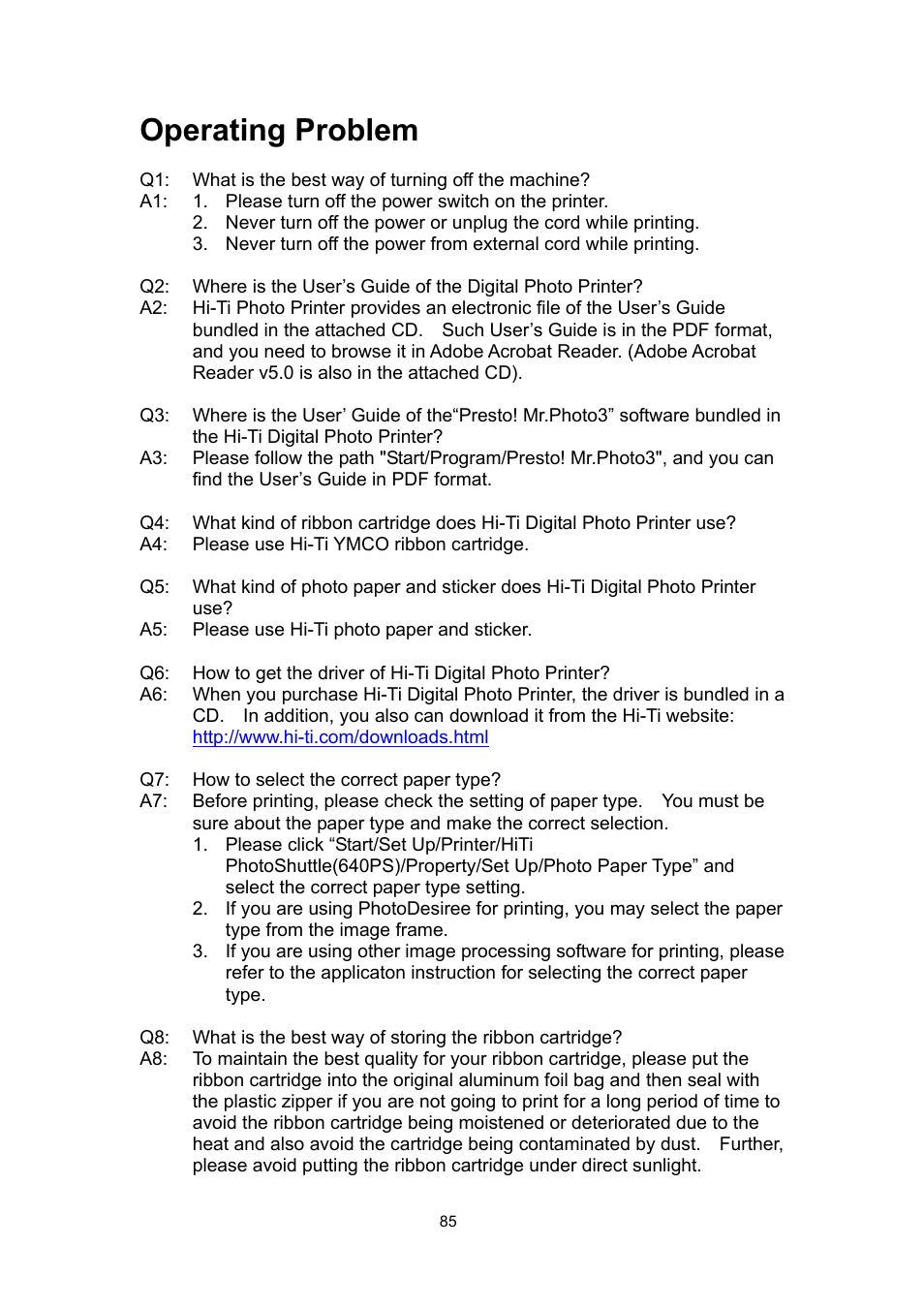 Operating problem | Hi-Touch Imaging Technologies PHOTOSHUTTLE 640PS User Manual | Page 86 / 111