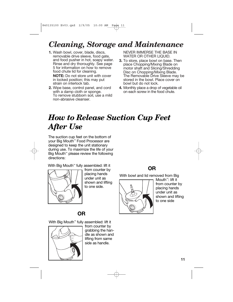 Cleaning, storage and maintenance, How to release suction cup feet after use | Hamilton Beach 840135100 User Manual | Page 11 / 52