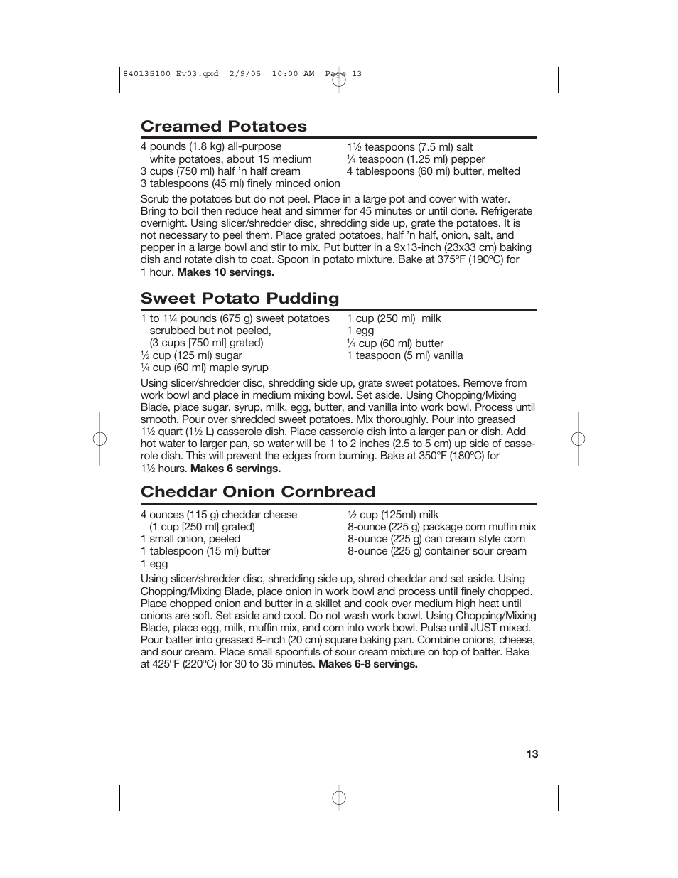 Creamed potatoes, Sweet potato pudding, Cheddar onion cornbread | Hamilton Beach 840135100 User Manual | Page 13 / 52