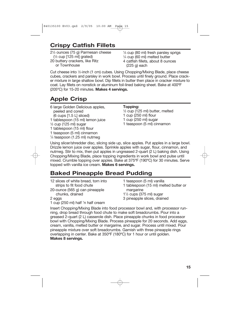 Crispy catfish fillets, Apple crisp, Baked pineapple bread pudding | Hamilton Beach 840135100 User Manual | Page 15 / 52