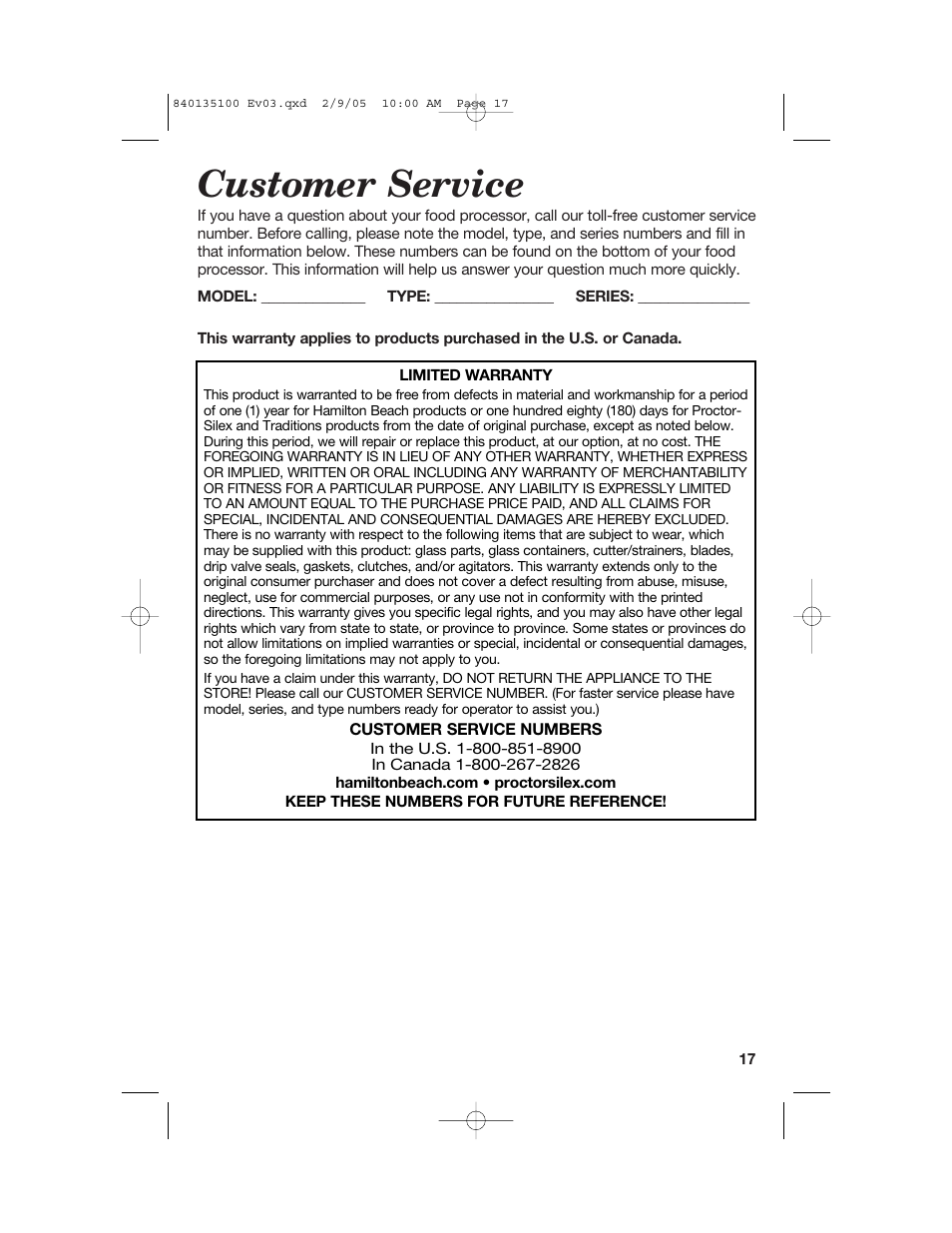 Customer service | Hamilton Beach 840135100 User Manual | Page 17 / 52