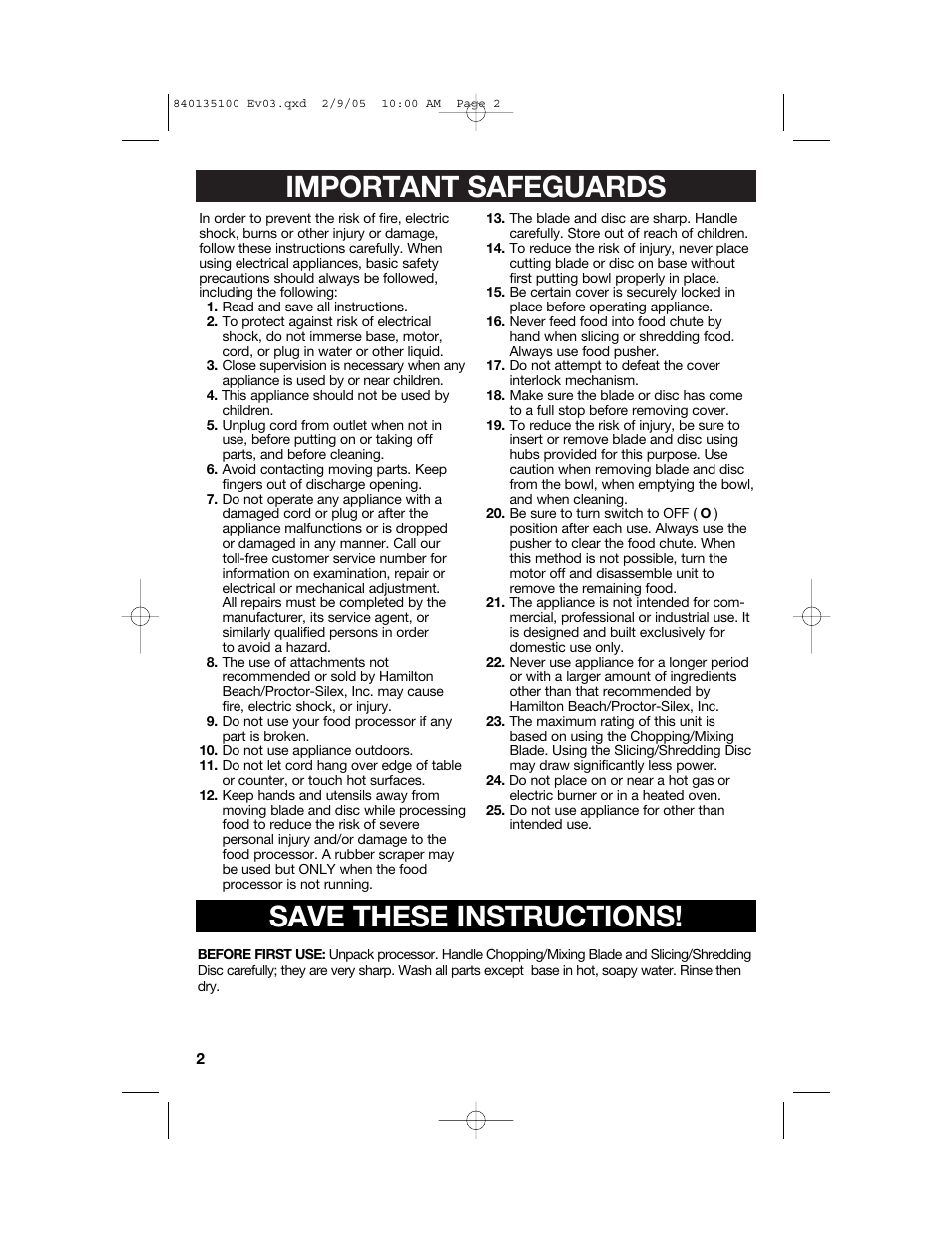 Important safeguards save these instructions | Hamilton Beach 840135100 User Manual | Page 2 / 52