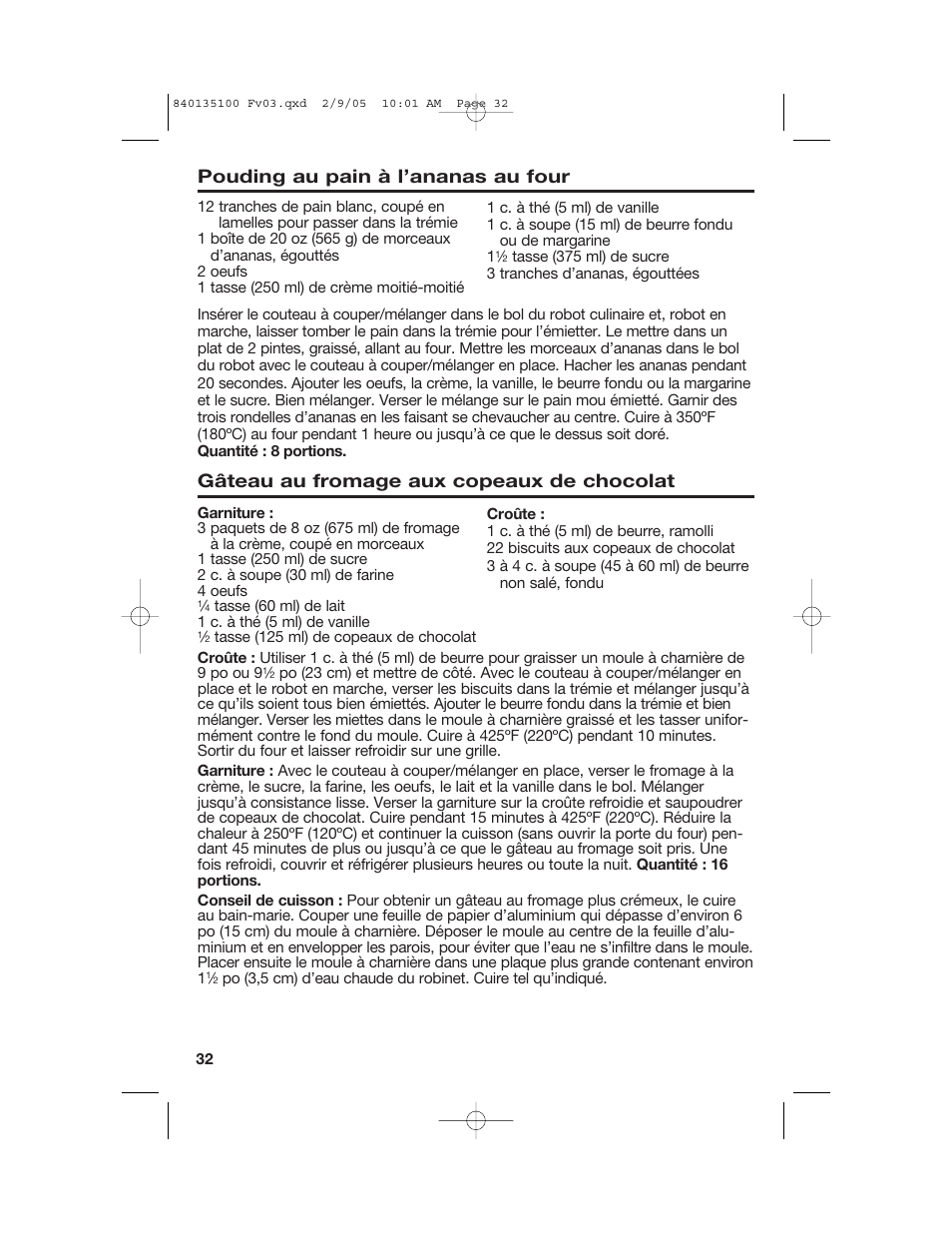 Pouding au pain à l’ananas au four, Gâteau au fromage aux copeaux de chocolat | Hamilton Beach 840135100 User Manual | Page 32 / 52