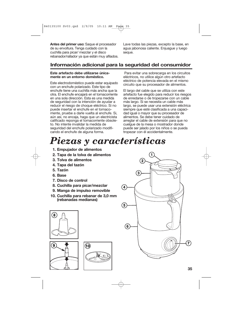 Piezas y características | Hamilton Beach 840135100 User Manual | Page 35 / 52