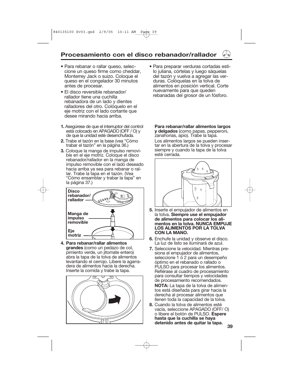 Procesamiento con el disco rebanador/rallador | Hamilton Beach 840135100 User Manual | Page 39 / 52