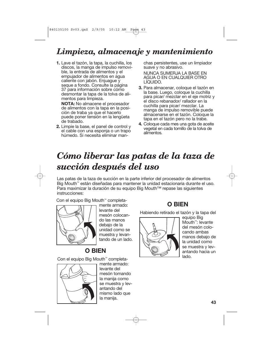 Limpieza, almacenaje y mantenimiento, O bien | Hamilton Beach 840135100 User Manual | Page 43 / 52