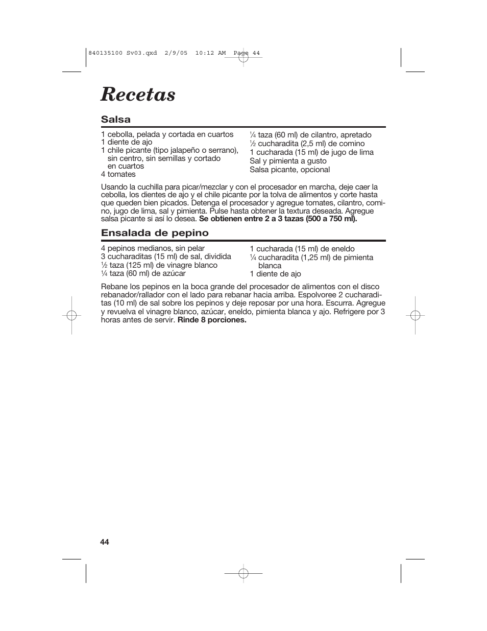 Recetas, Salsa, Ensalada de pepino | Hamilton Beach 840135100 User Manual | Page 44 / 52