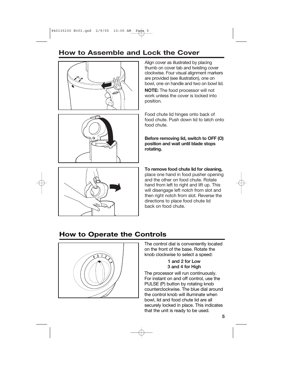 How to assemble and lock the cover, How to operate the controls | Hamilton Beach 840135100 User Manual | Page 5 / 52