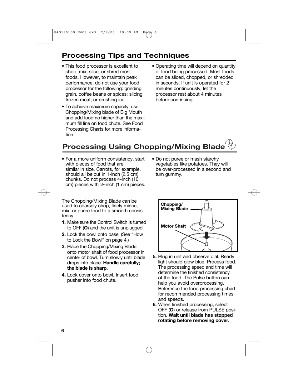 Processing using chopping/mixing blade, Processing tips and techniques | Hamilton Beach 840135100 User Manual | Page 6 / 52