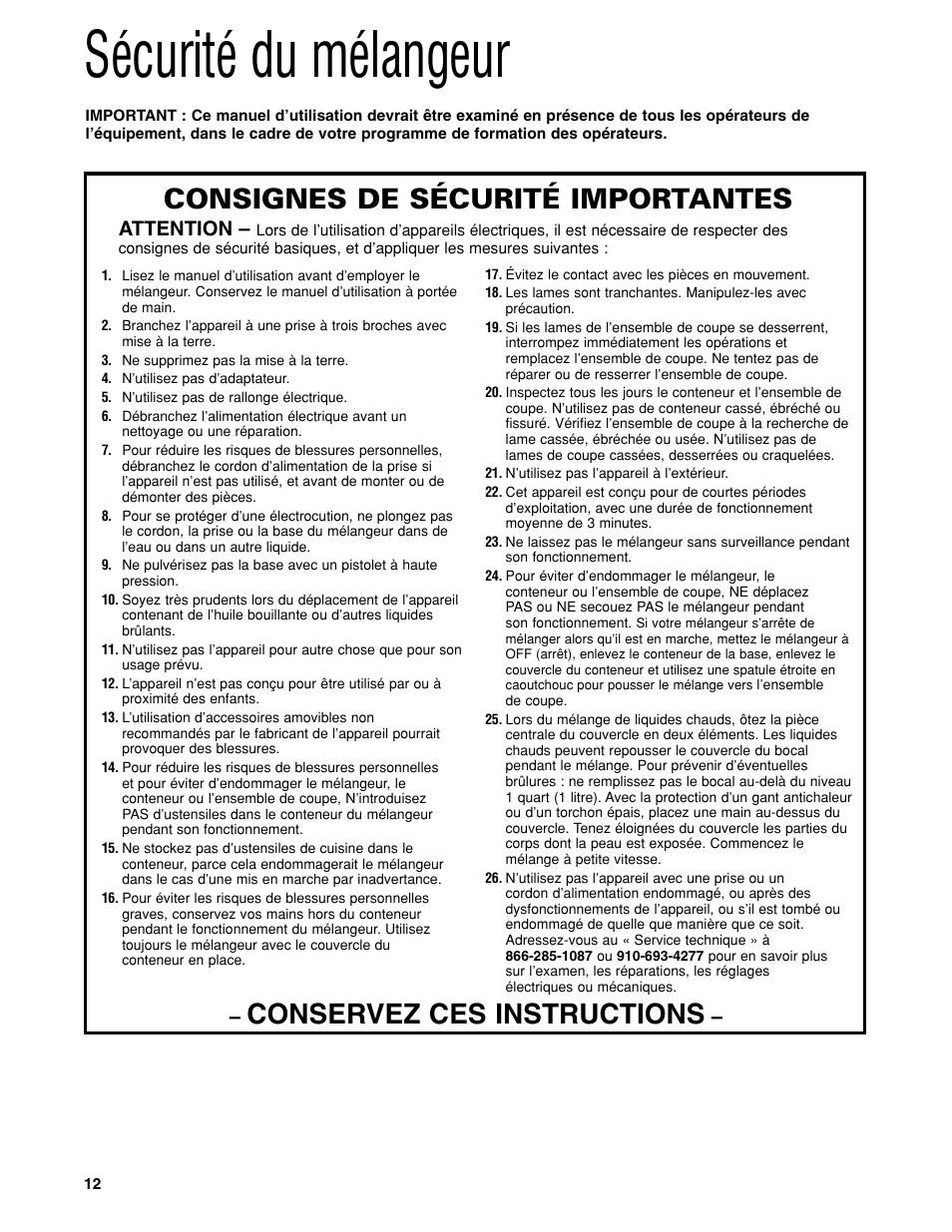 Sécurité du mélangeur, Conservez ces instructions, Consignes de sécurité importantes | Attention | Hamilton Beach HBH450 User Manual | Page 12 / 32