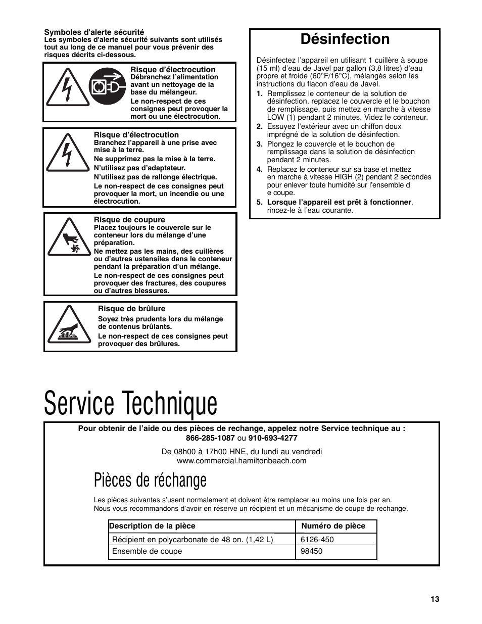 Service technique, Pièces de réchange, Désinfection | Hamilton Beach HBH450 User Manual | Page 13 / 32