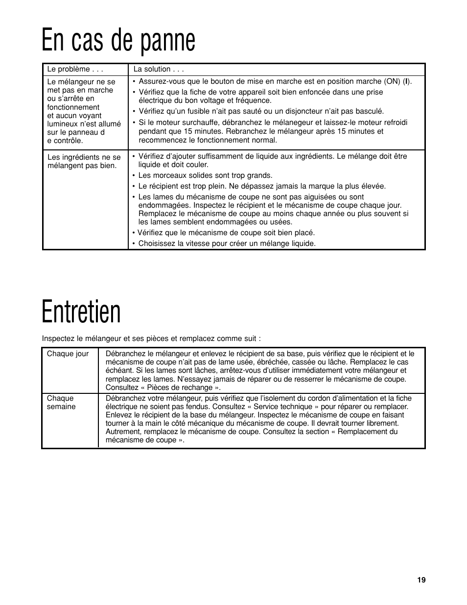 Entretien, En cas de panne | Hamilton Beach HBH450 User Manual | Page 19 / 32