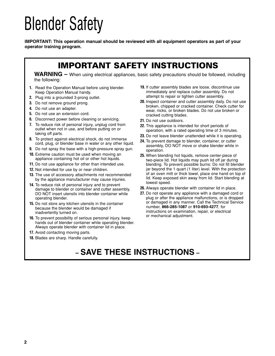 Blender safety, Save these instructions, Important safety instructions | Warning | Hamilton Beach HBH450 User Manual | Page 2 / 32