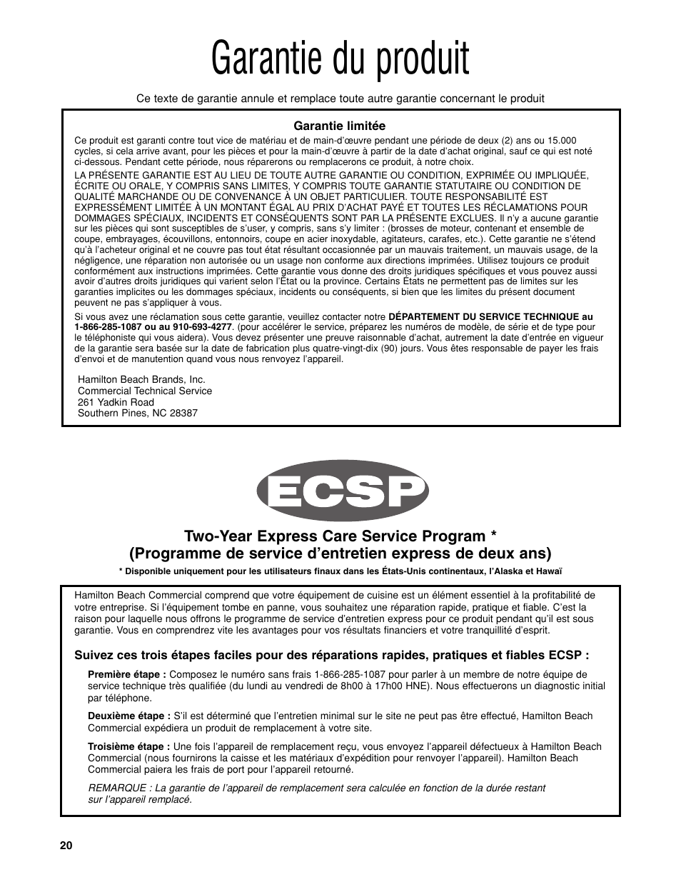 Garantie du produit | Hamilton Beach HBH450 User Manual | Page 20 / 32