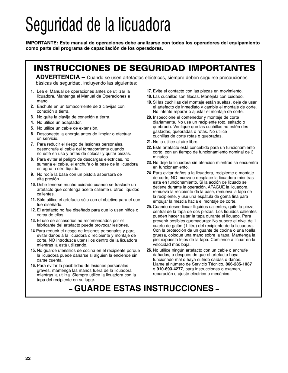 Seguridad de la licuadora, Guarde estas instrucciones, Instrucciones de seguridad importantes | Advertencia | Hamilton Beach HBH450 User Manual | Page 22 / 32