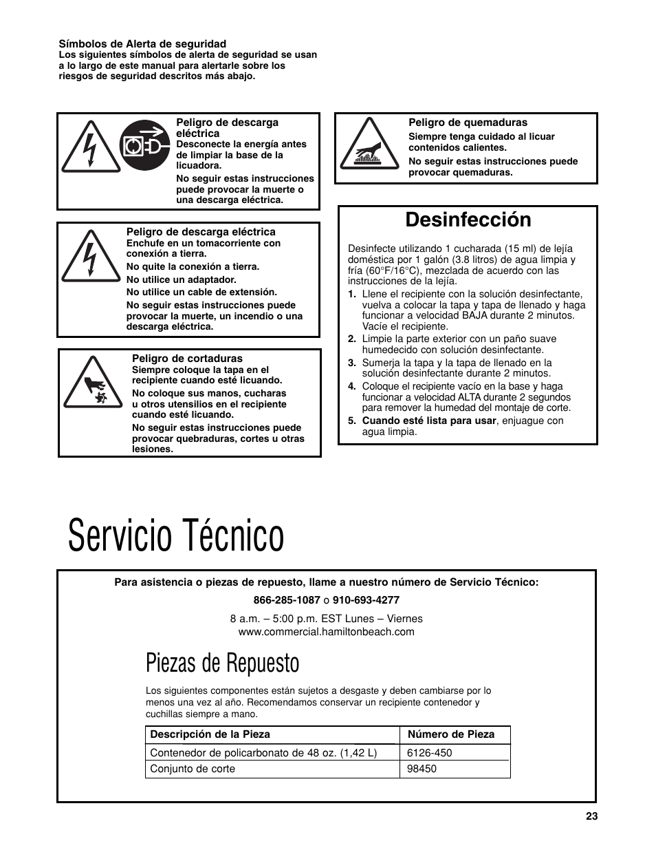 Servicio técnico, Piezas de repuesto, Desinfección | Hamilton Beach HBH450 User Manual | Page 23 / 32