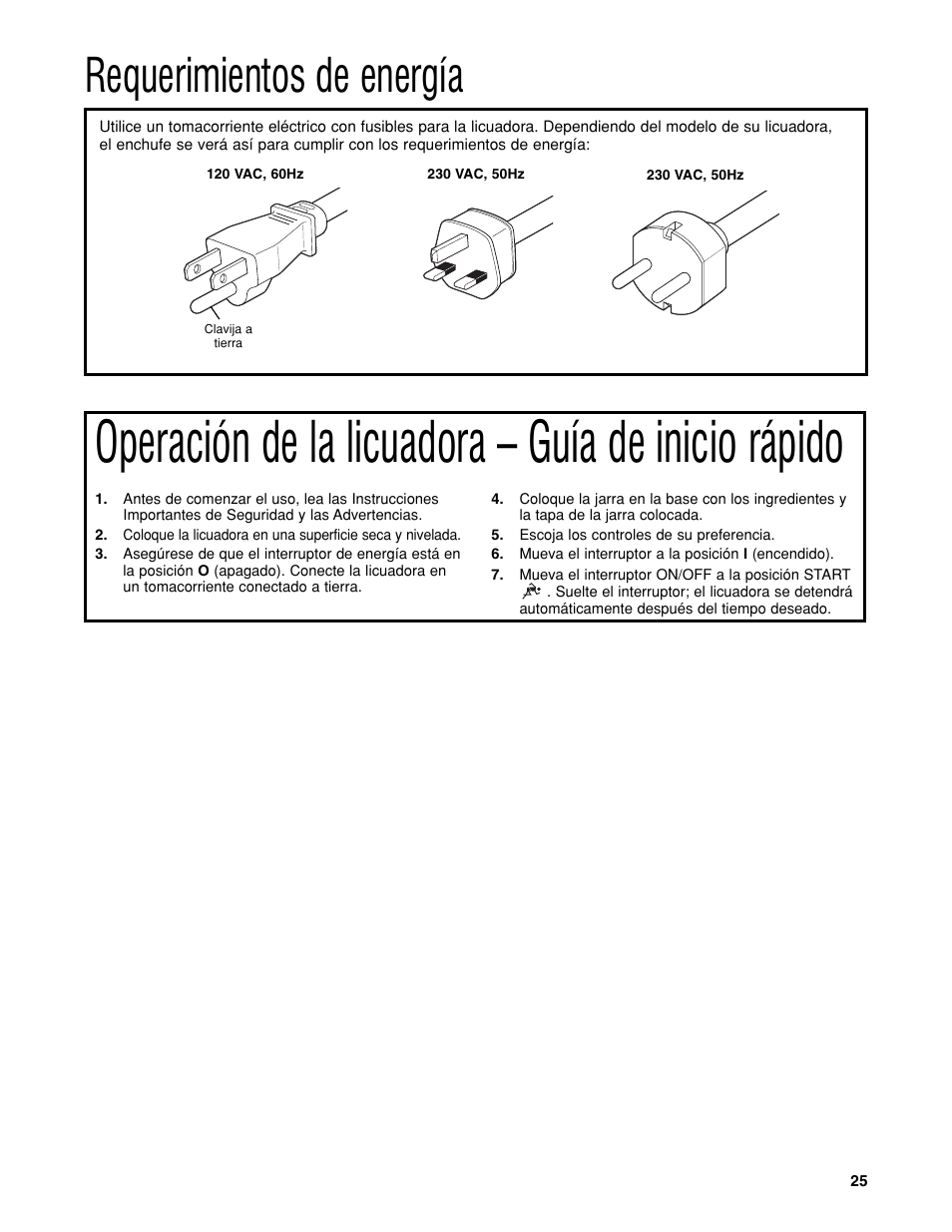 Operación de la licuadora – guía de inicio rápido, Requerimientos de energía | Hamilton Beach HBH450 User Manual | Page 25 / 32