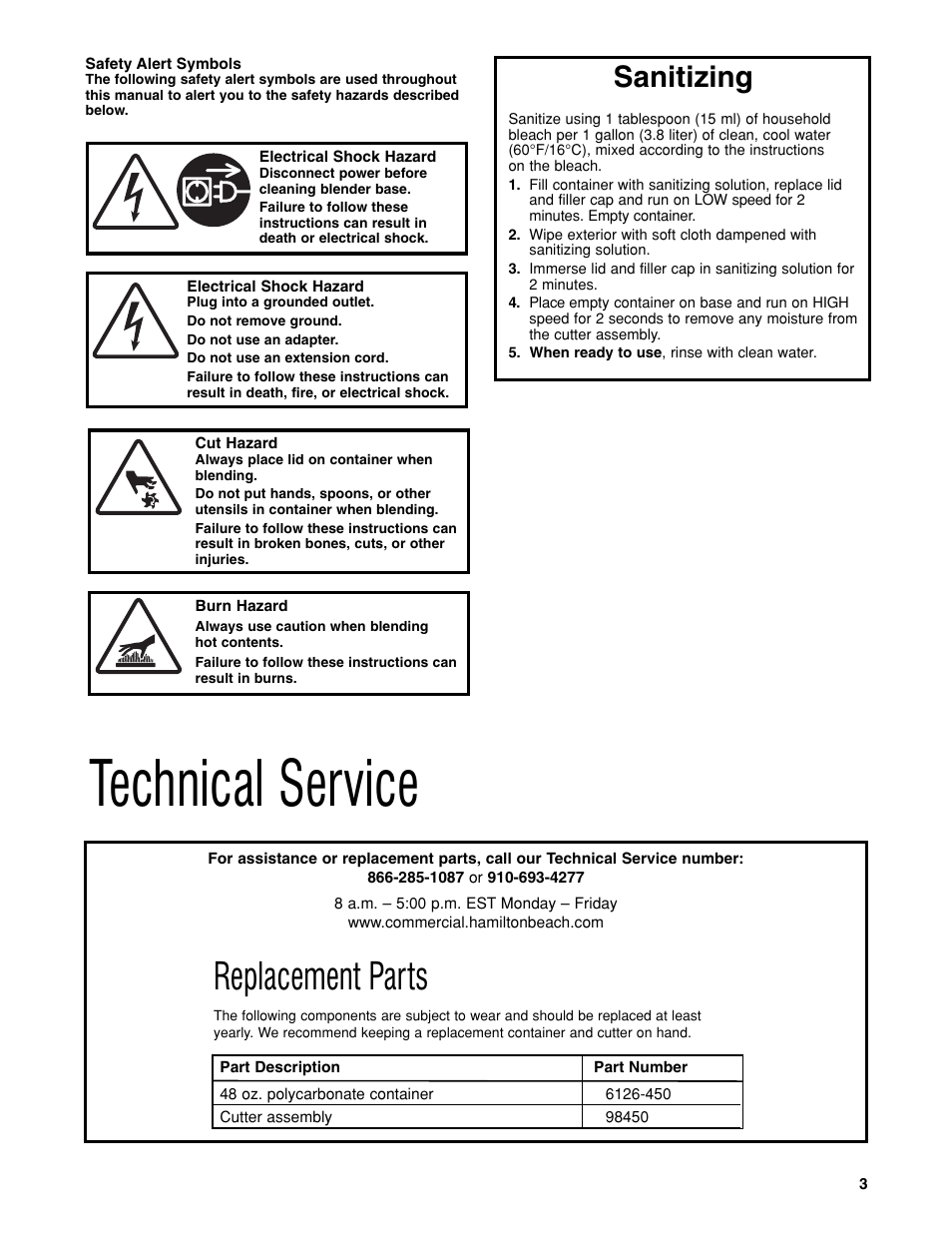 Technical service, Replacement parts, Sanitizing | Hamilton Beach HBH450 User Manual | Page 3 / 32