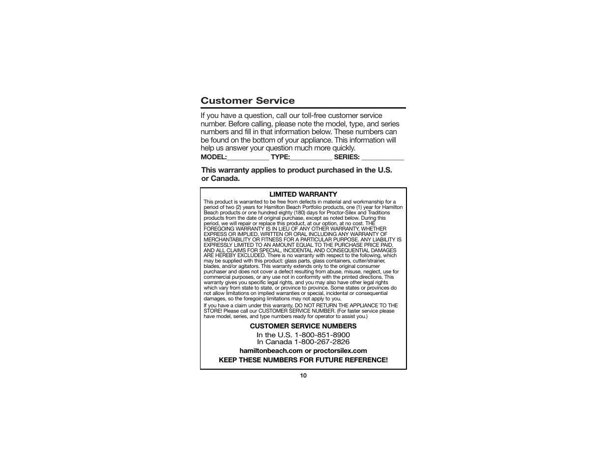 Customer service | Hamilton Beach 840124900 User Manual | Page 6 / 6