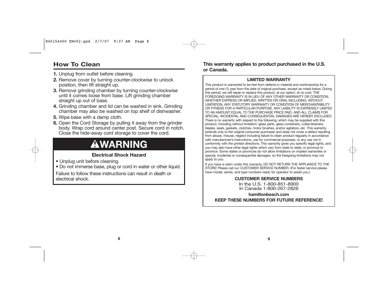 W warning | Hamilton Beach 80364 User Manual | Page 5 / 16