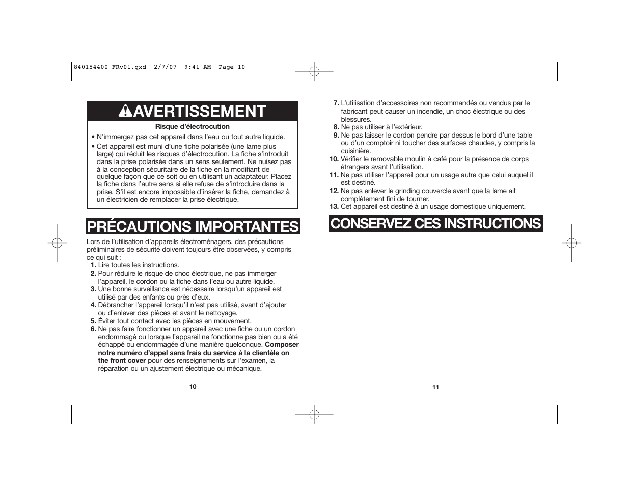 W avertissement, Précautions importantes, Conservez ces instructions | Hamilton Beach 80364 User Manual | Page 6 / 16