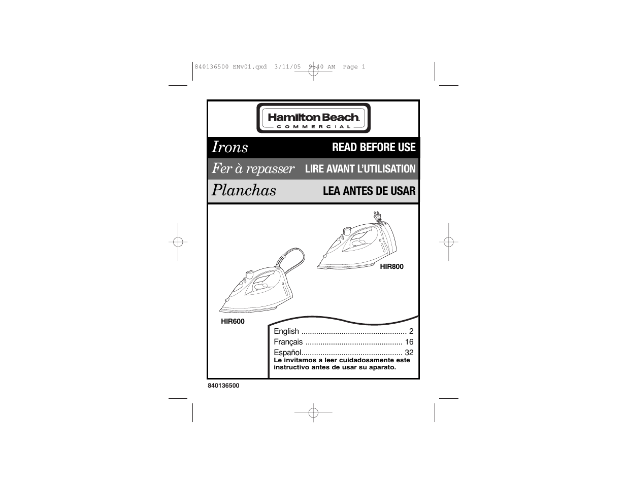 Hamilton Beach HIR800 User Manual | 23 pages