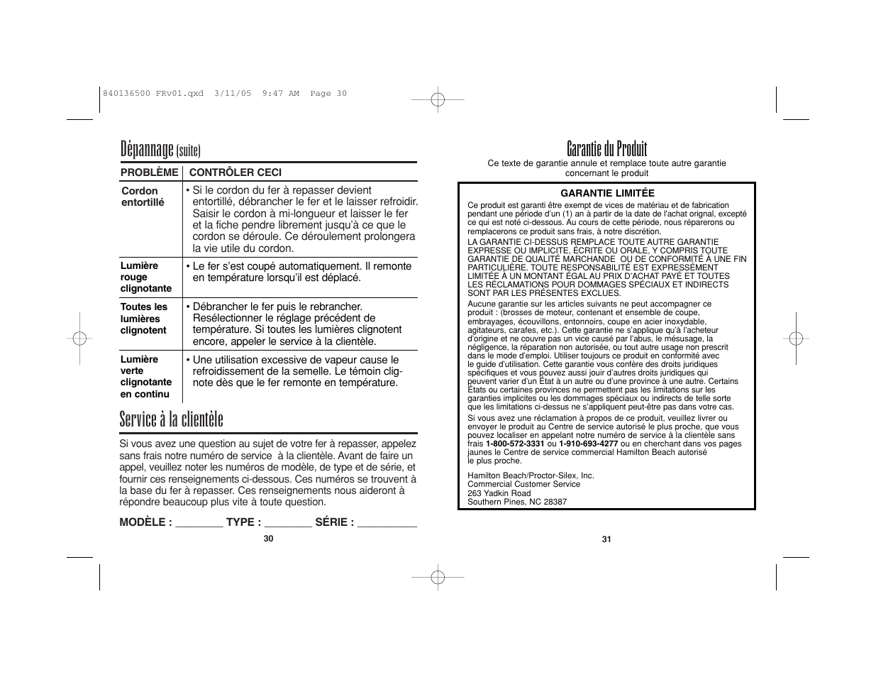 Service à la clientèle, Dépannage, Garantie du produit | Suite) | Hamilton Beach HIR800 User Manual | Page 16 / 23