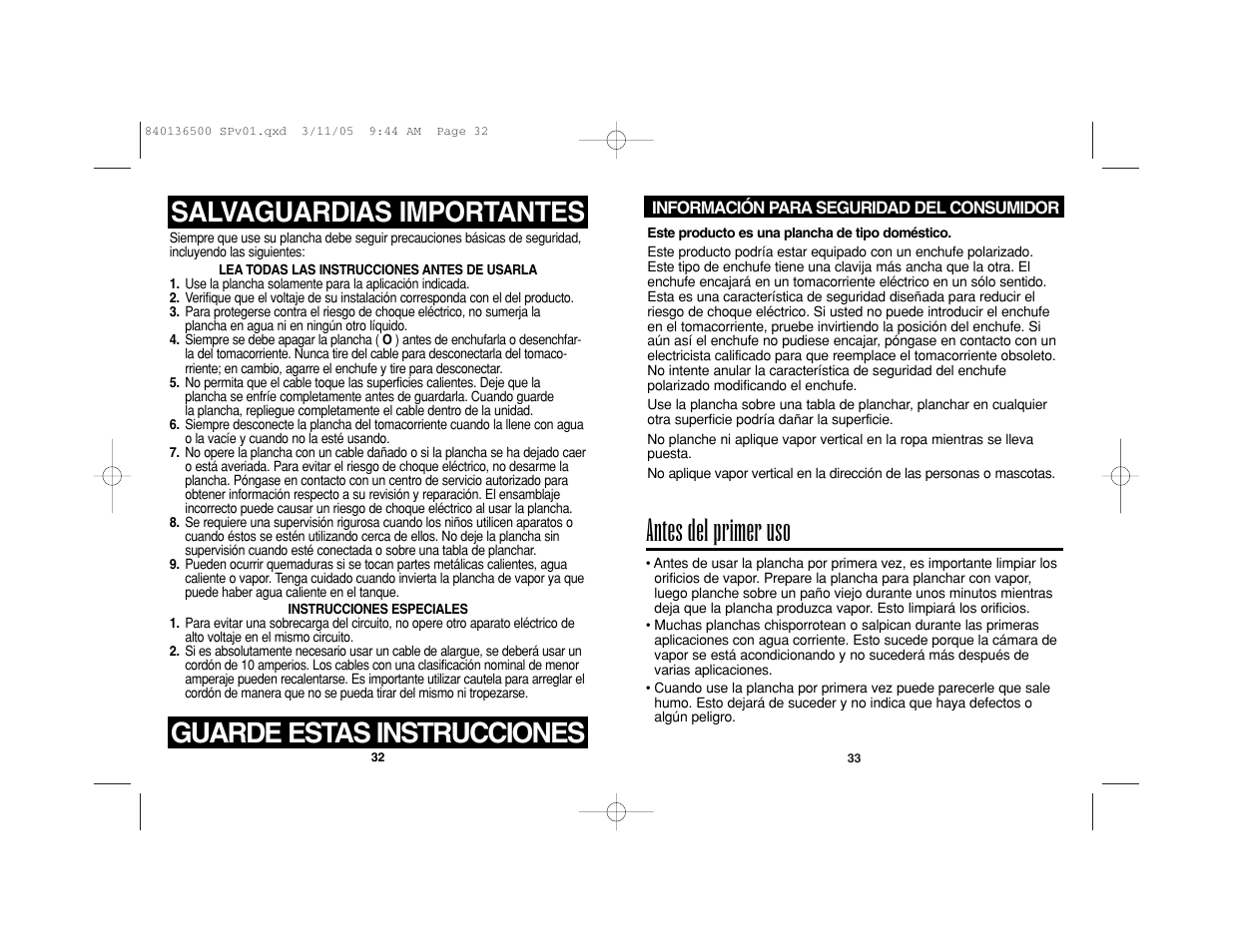 Salvaguardias importantes, Guarde estas instrucciones antes del primer uso | Hamilton Beach HIR800 User Manual | Page 17 / 23