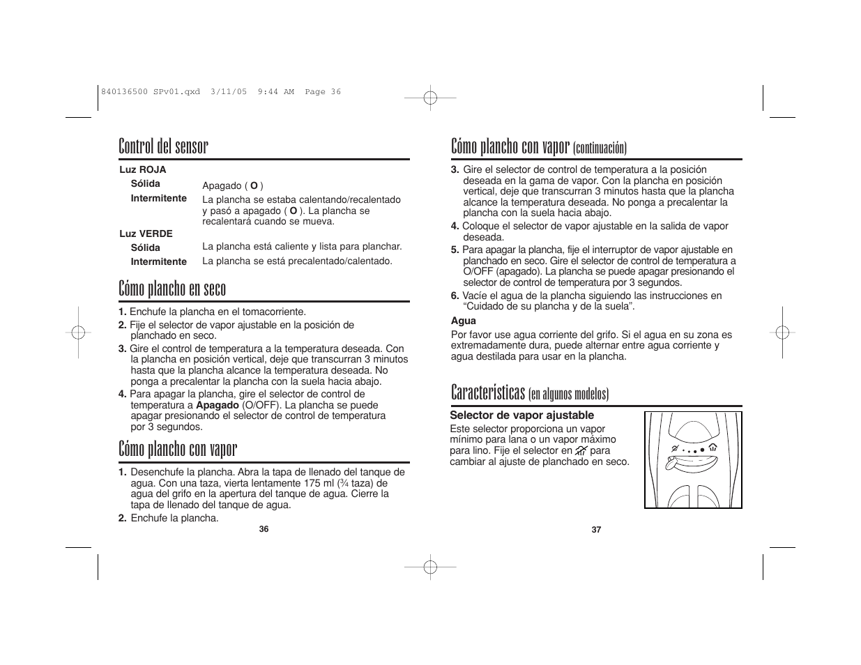 Cómo plancho con vapor, Cómo plancho en seco, Control del sensor | Características, Continuación), En algunos modelos) | Hamilton Beach HIR800 User Manual | Page 19 / 23