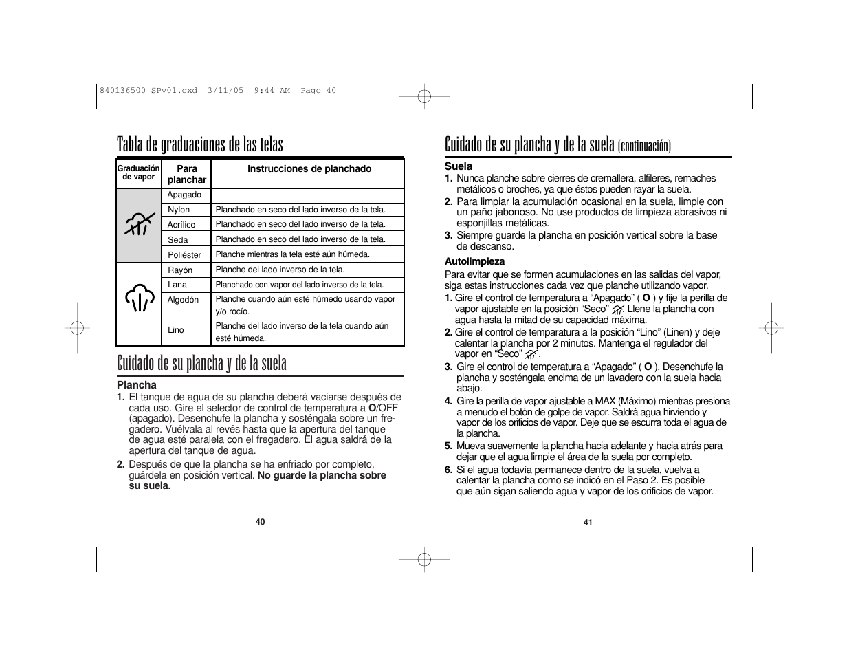 Cuidado de su plancha y de la suela, Continuación) | Hamilton Beach HIR800 User Manual | Page 21 / 23