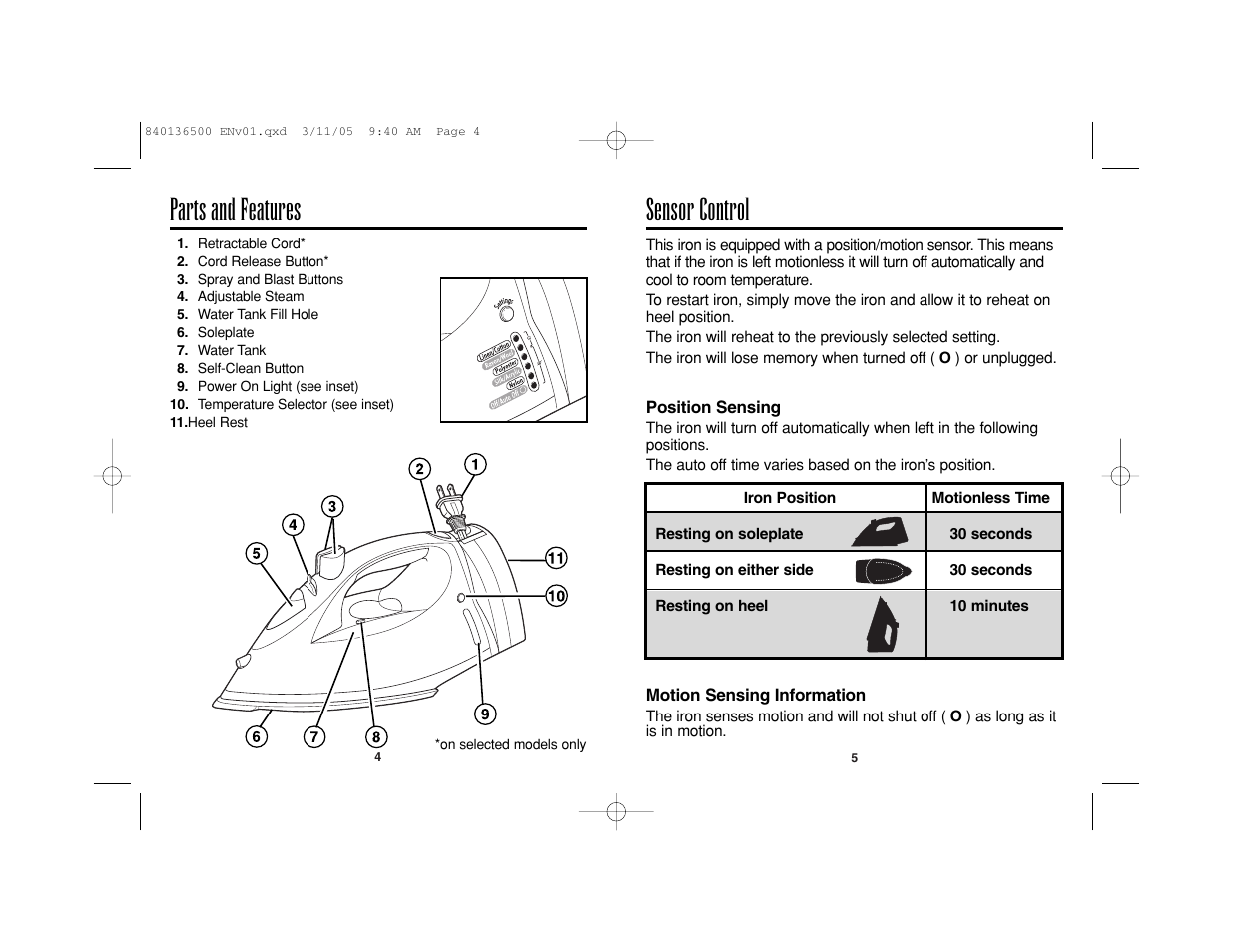 Parts and features, Sensor control | Hamilton Beach HIR800 User Manual | Page 3 / 23